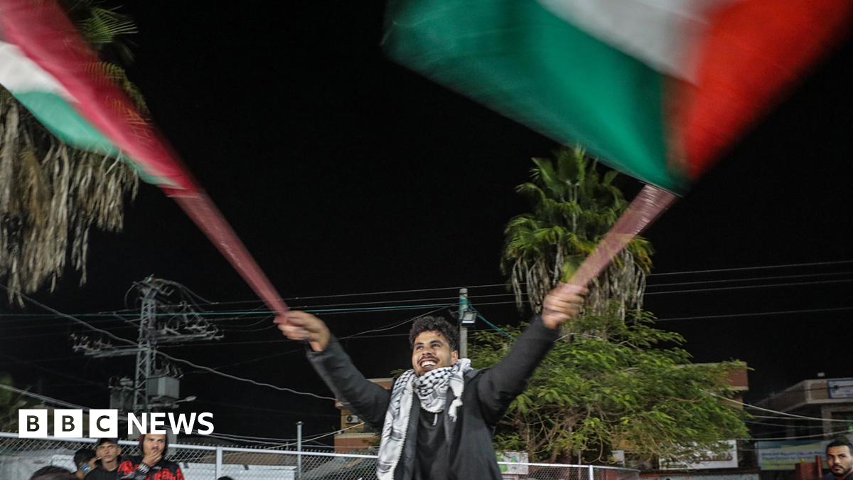 Palestinian man waving two flags in celebration