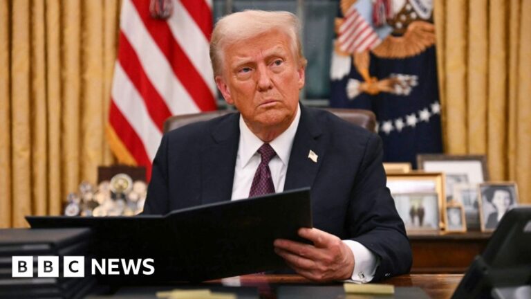 Donald Trump sits at desk in Oval Office signing executive orders.