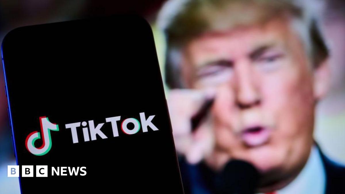 The TikTok logo is seen in this illustration photo with Trump in the background