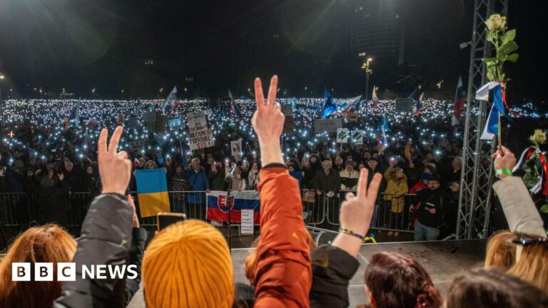 An evening protest in Bratislava, where several demonstrators with their backs to the camera give victory salutes and one holds up a rose. They face a much larger group of protesters behind barriers holding banners and Slovakian and Ukrainian flags