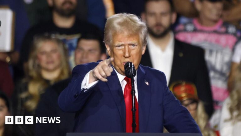 Donald Trump, wearing a blue suit and red tie, gestures with his right hand as he speaks at an event in Las Vegas on 24 January