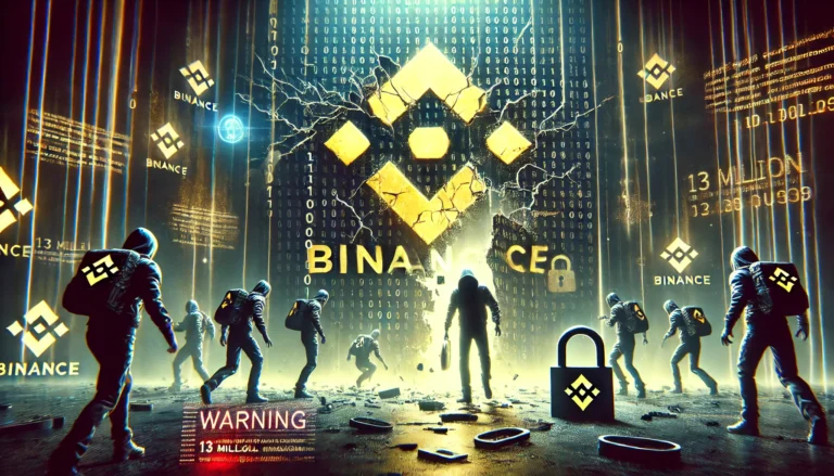 DALL·E 2024 09 24 04.41.32 A dramatic and intense scene illustrating the alleged data leak of 13 million Binance users information. The Binance logo is depicted as cracked sym.webp DALL·E 2024 09 24 04.41.32 A dramatic and intense scene illustrating the alleged data leak of 13 million Binance users information. The Binance logo is depicted as cracked sym.webp