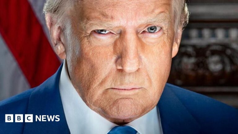 Donald Trump wearing a blue suit and tie in his official portrait