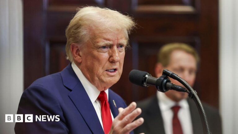 US President Donald Trump speaking in the Roosevelt Room of the White House in Washington, DC.