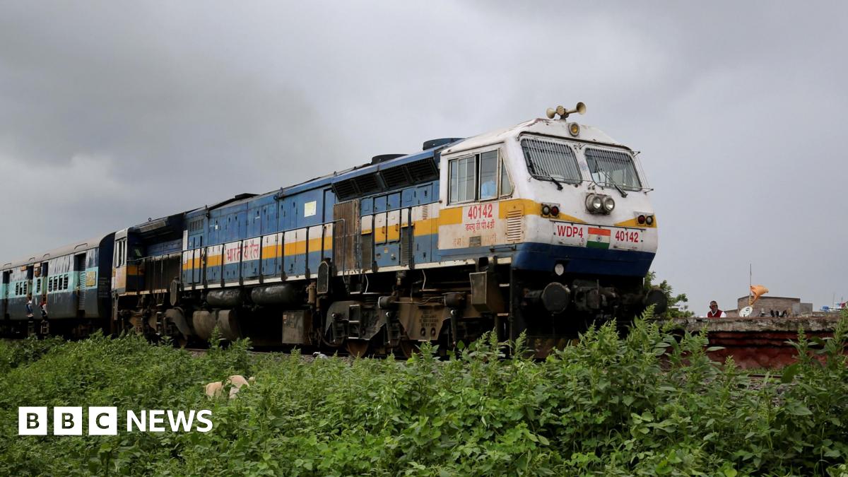 Indian locomotive-hauled train travelling left to right on embankment with green verge in Maharashtra state