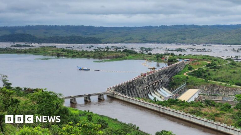 An aerial view of the Congo river and Inga 1. Lush vegetation can also be seen.