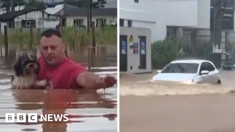 Split screen of man in chest deep floodwaters holding dog and car partially submerged in floodwaters