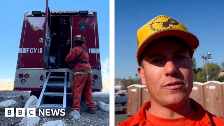 Split screen of fire truck and firefighter