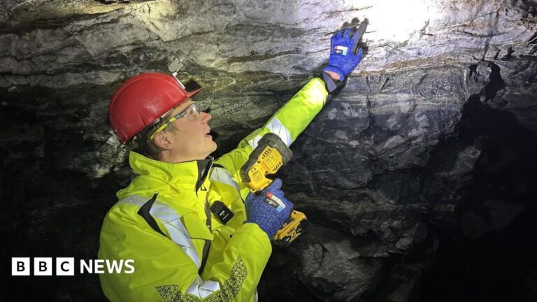 Eldur Olafsson, the chief executive of mining company Amaroq Minerals, points to gold in the rock