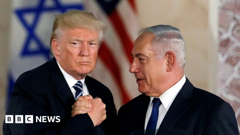 President Donald Trump and Israeli Prime Minister Benjamin Netanyahu shake hands after Trump