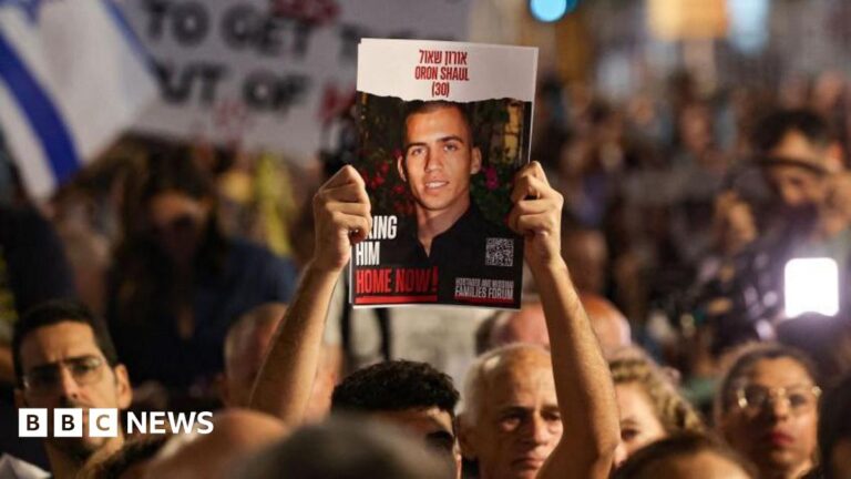 File photo showing a man hold up a poster calling for the release of the body of Israeli soldier Oron Shaul, which was being held by Hamas in Gaza, at a rally in Tel Aviv, Israel (4 November 2023)
