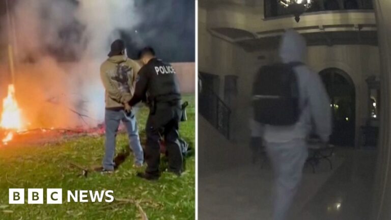 Split screen of arson suspect video and looters video