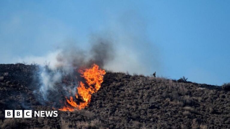 Fire and smoke on a hilltop as part of the Laguna Fire near California State University Channel Islands.