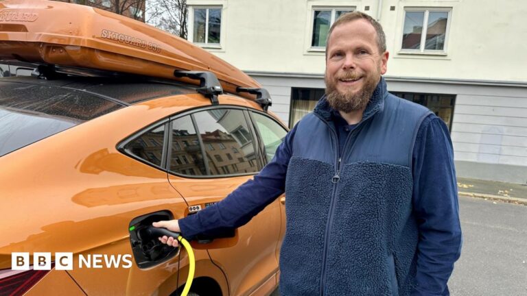 Norwegian motorist Ståle Fyen smiles as he attaches a charging cable to his electric car