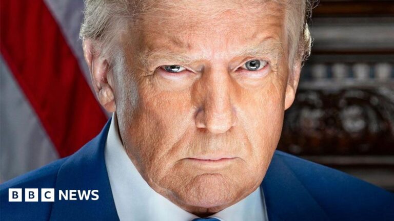 Donald Trump appears in his official presidential portrait for his second term in office. He looks directly into the camera and appears to have a raised eyebrow. He is wearing a blue tie and white shirt with an American flag lapel on the left side of his suit jacket