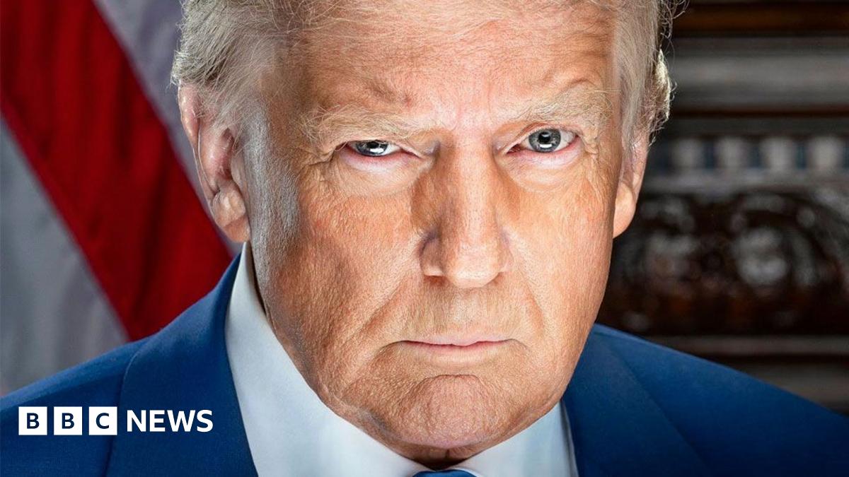 Donald Trump appears in his official presidential portrait for his second term in office. He looks directly into the camera and appears to have a raised eyebrow. He is wearing a blue tie and white shirt with an American flag lapel on the left side of his suit jacket