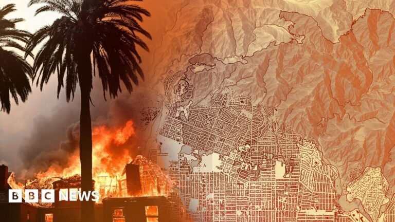 A treated image that shows a house burning behind a palm tree next to a map of Los Angeles