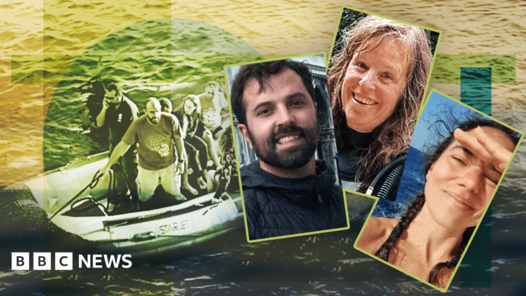 A composite image featuring Sea Story passengers being rescued in a small boat. In the foreground are the smiling portraits of three survivors - Justin, Froydis and Lisa.
