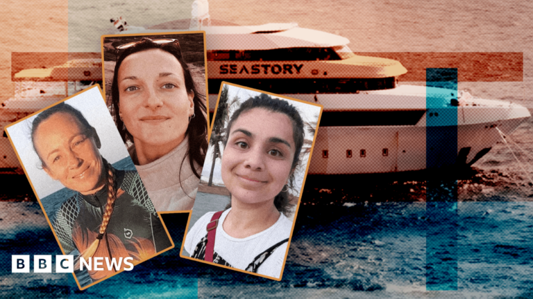 A composite image shows the Sea Story, a luxury white dive boat, at sea in the background, with three of the survivors who spoke to the BBC: Hissora Gonzalez,  Lucianna Galetta and Sarah Martin.