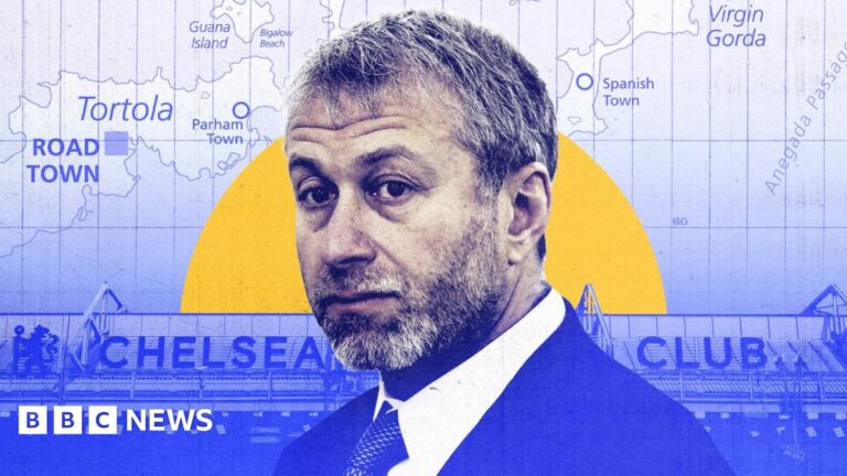 A composite image with a portrait of Roman Abramovich in a suit at the centre. Behind him, in a colour scheme of blue and yellow, is a map of the British Virgin Islands and a view of the top of the stands at Stamford Bridge, with part of the words