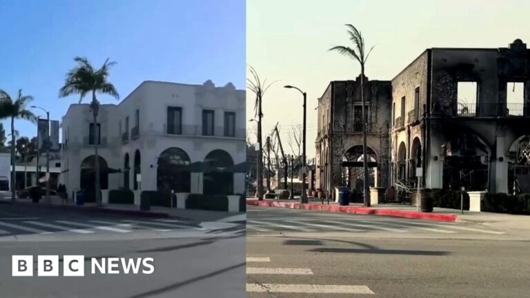 Before and after image of a building damaged by a wildfire in Los Angeles