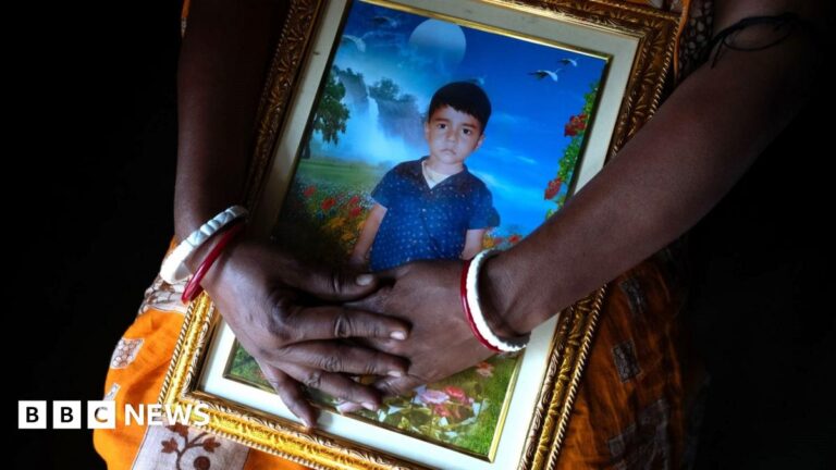 Kakoli Das holds the image of her six-year-old son Ishan Das who drowned three months ago.