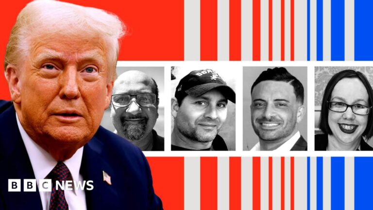 A graphic with a red and blue background features a cut-out of Donald Trump with four smaller photos of American voters