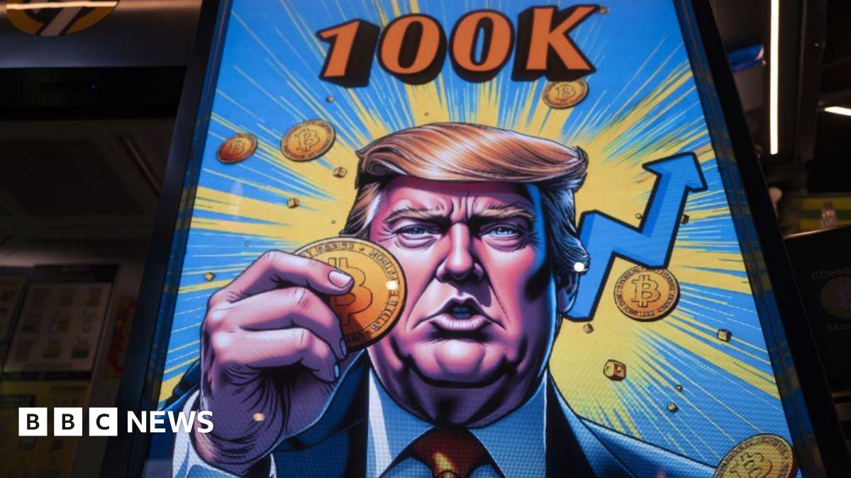 A cartoon on a machine of Donald Trump holding bitcoin