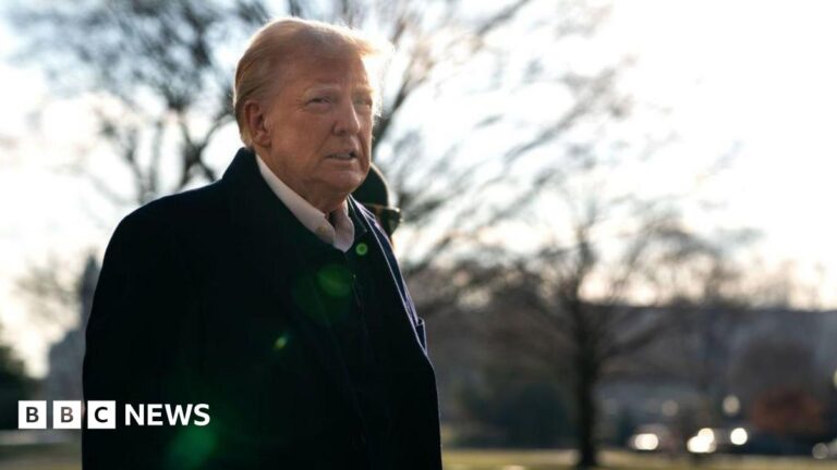Donald Trump wears a dark coat and white shirt and speaks to members of the press as he and first lady Melania Trump prepare to depart the White House aboard Marine One on January 24, 2025 in Washington, DC