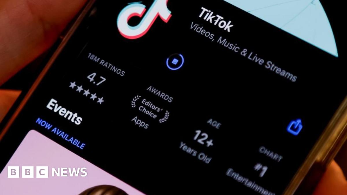 Mobile phone showing the TikTok logo and a US flag in the background behind the phone