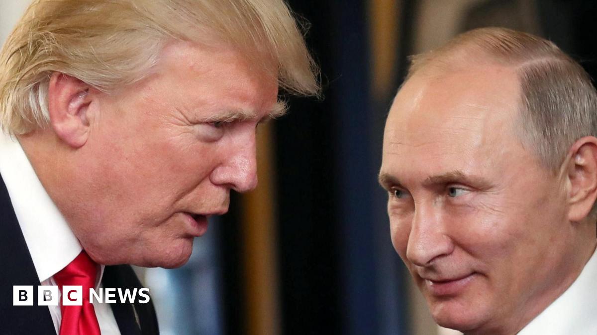 Donald Trump on the left hand side of the image leans towards Vladimir Putin on the right.
