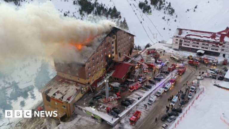 An aerial view of the area as fire brigades responding to a fire that broke out in a hotel in Bolu Kartalkaya Ski Center, on January 21, 2025 in Bolu, Turkey.