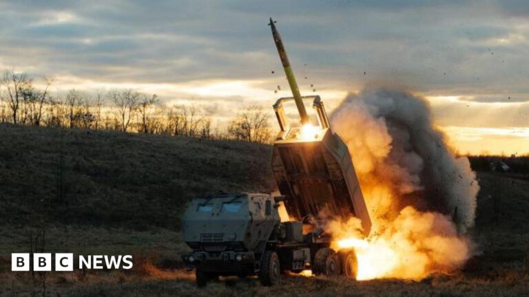 An M142 HIMARS launches a rocket on Russian position in Ukraine during a mission in December 2023