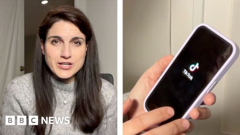 BBC News Tech Correspondent Lily Jamali on left, phone with TikTok logo on the screen on the right