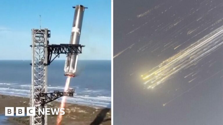 Split screen of rocket booster landing back at launch tower and rocket debris falling from sky