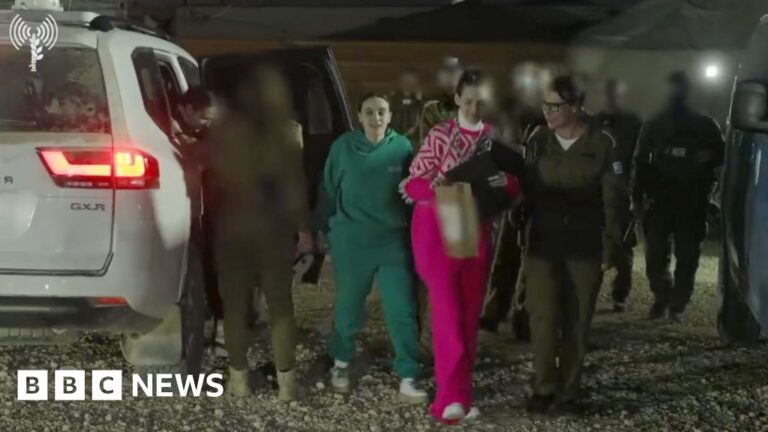 The moment three Israeli freed hostages arrived back on Israeli soil