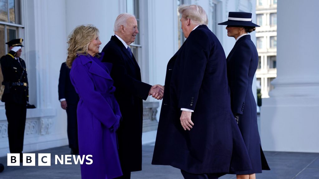 The Bidens and Trumps shaking hands outside the White House