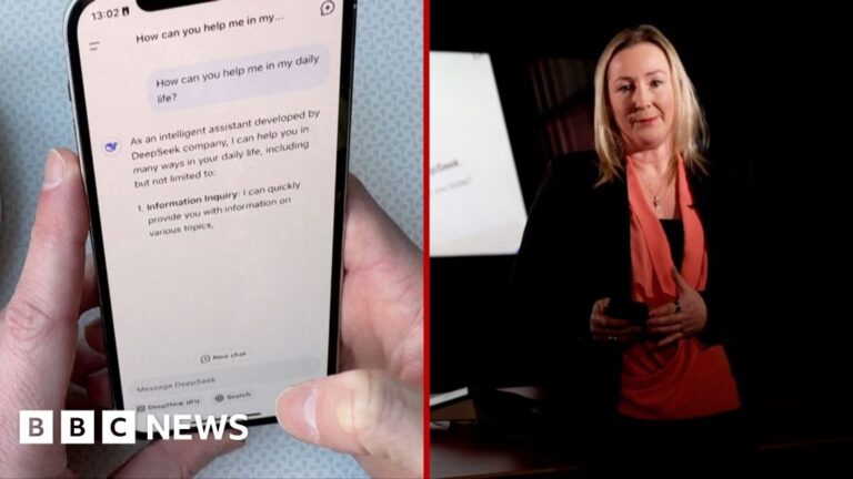 Split screen of Zoe Kleinman wearing a peach top and black jacket and a screenshot of a message exchange on the DeepSeek app
