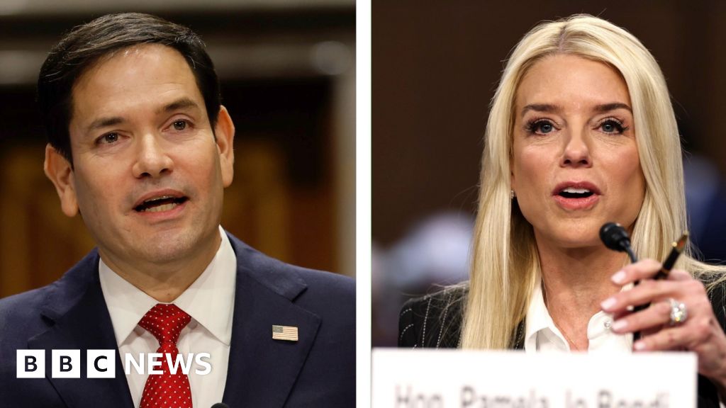 Senator Marco Rubio and Pam Bondi look straight ahead from a split screen.