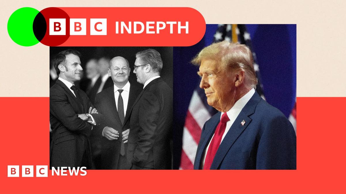 A close up of Emmanuel Macron, former German Chancellor Angela Merkel and Donald Trump