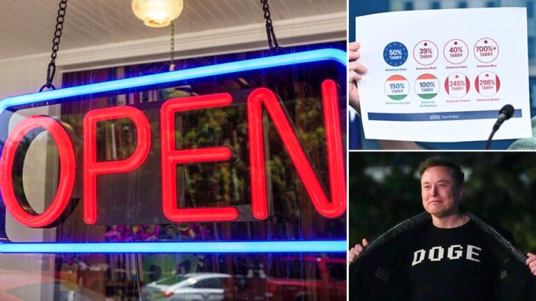 Open signs, tariff posters with elon musk in jerk