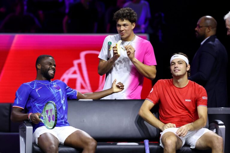 Taylor Fritz (R), Ben Shelton (M), and Frances Tiafoe (L) in Laving Cup 2024 - Source: Disruptive: Disorder: Disorder: Disruption