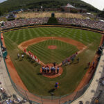 Japan and Texas line the baselines at Lamade Stadium during introductions before the Little League World Series Championship baseball game in South Williamsport, Pa., Sunday, Aug. 27, 2017. ( Gene J. Puskar/CP)