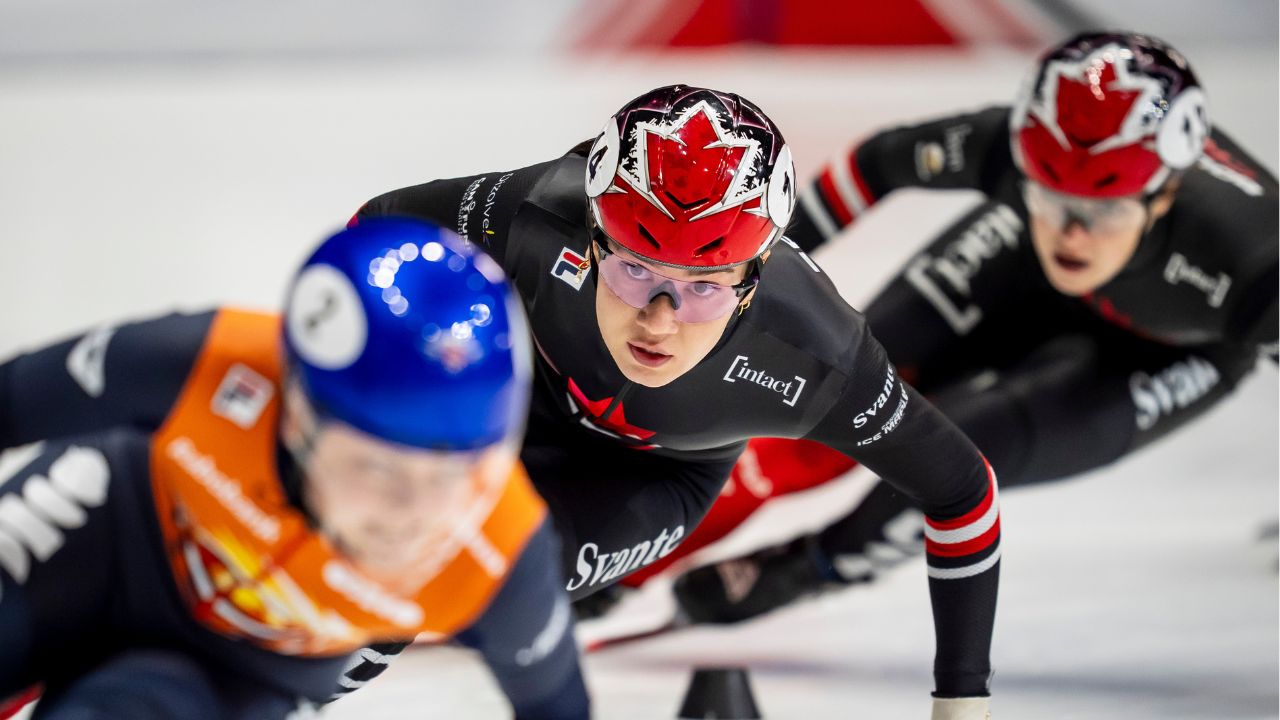 Canada's Charlotte, Dubois, mixed relay team won the bronze medal in speed skating
