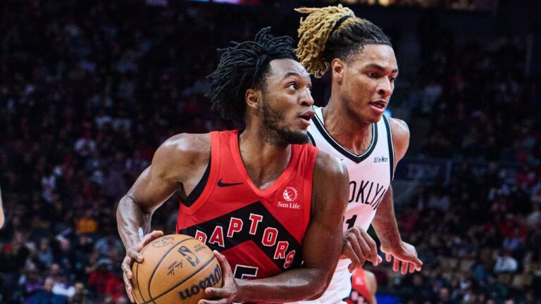 The short-handed Raptors would make a late move to beat the Nets, extending the lead to seven