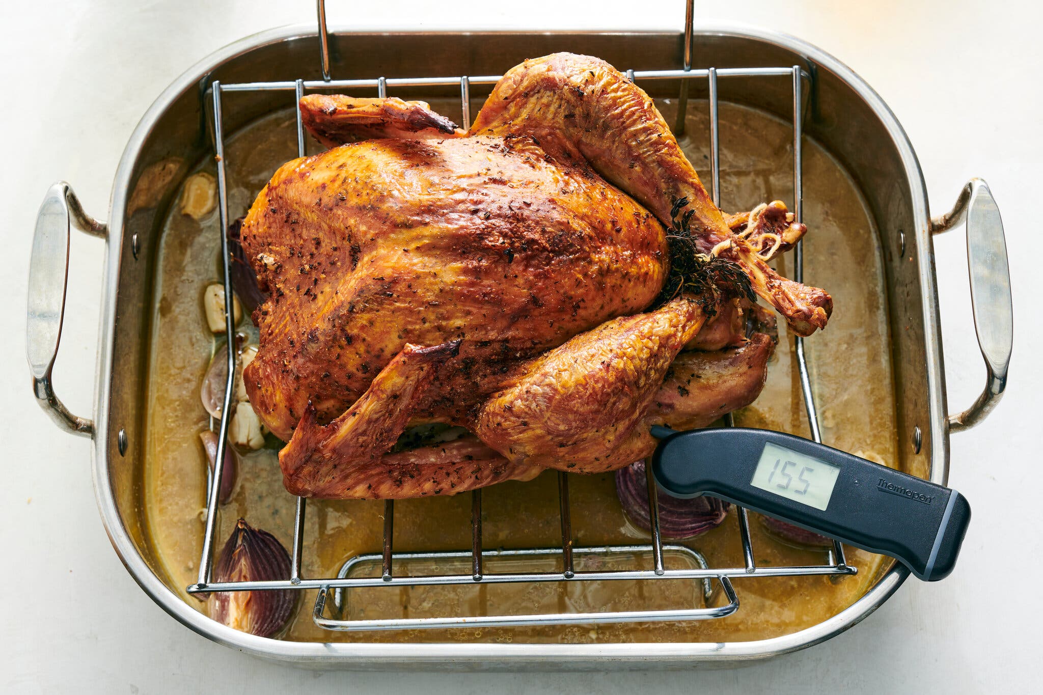 Top view of a cooked turkey with a thermometer inserted into the thickest part of the thigh.