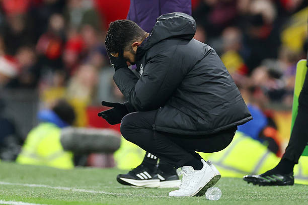 Ruben Amorim, the manager of Manchester United, is shown as he reacts on the touchline during the Premier League match between Manchesesestere